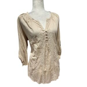 Womens Tunic Top SizE M Boho Embroidered Roll Tab Sleeves V neck Beige Peasant